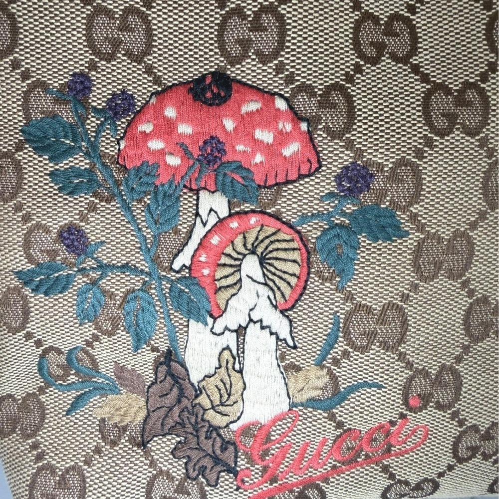 Gucci GG Canvas Mushroom Embroidered Small Tote Brown Leather Italy - Picture 4 of 14